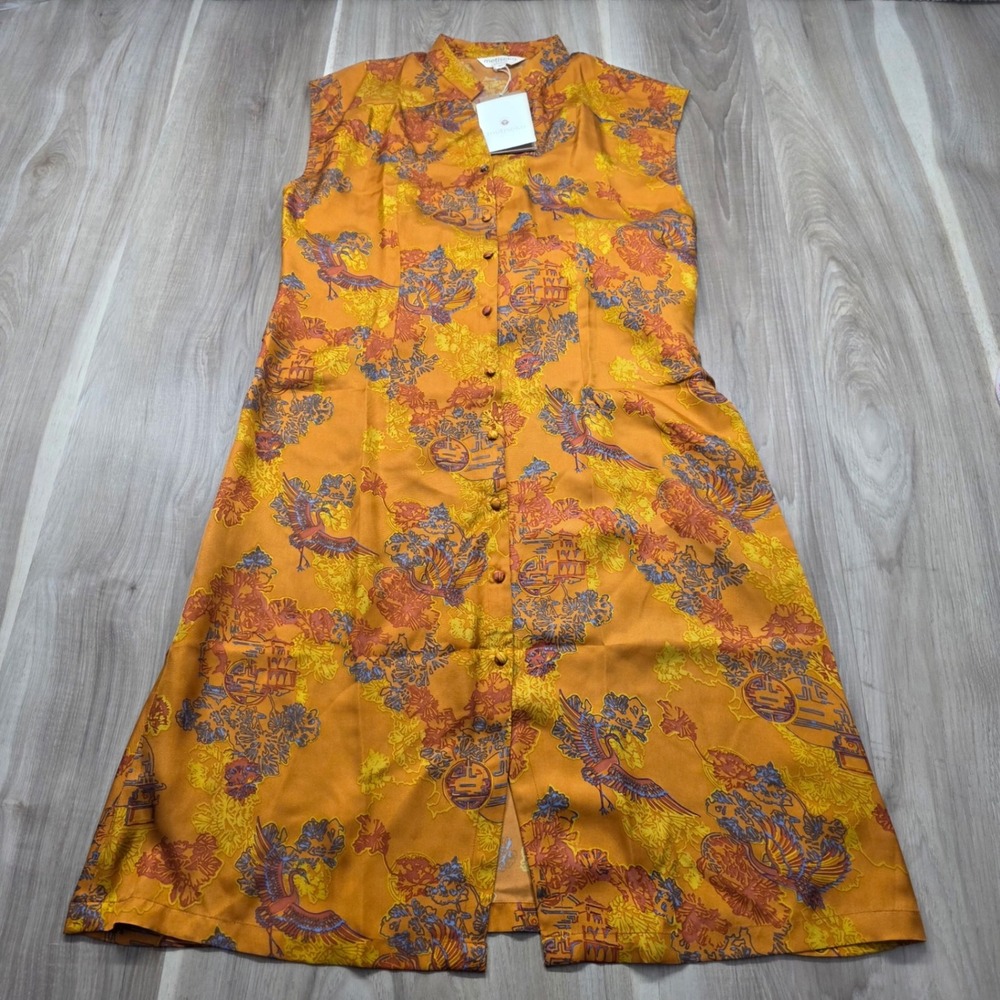 Metiseko Mulberry Silk Dress‎ Phoenix Print Button Front Midi Orange Size M New